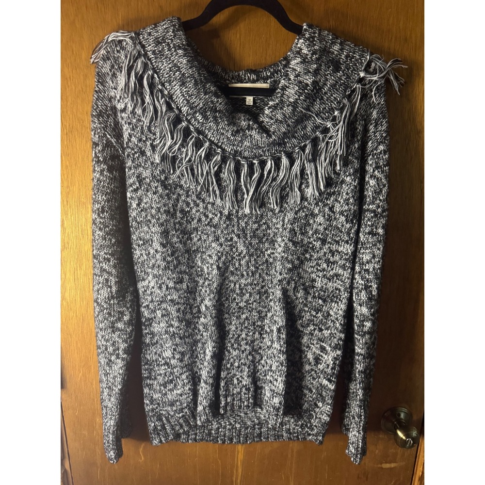 Jones New York Sport Marled Knit Fringe Cowl Neck Sweater Black White Medium